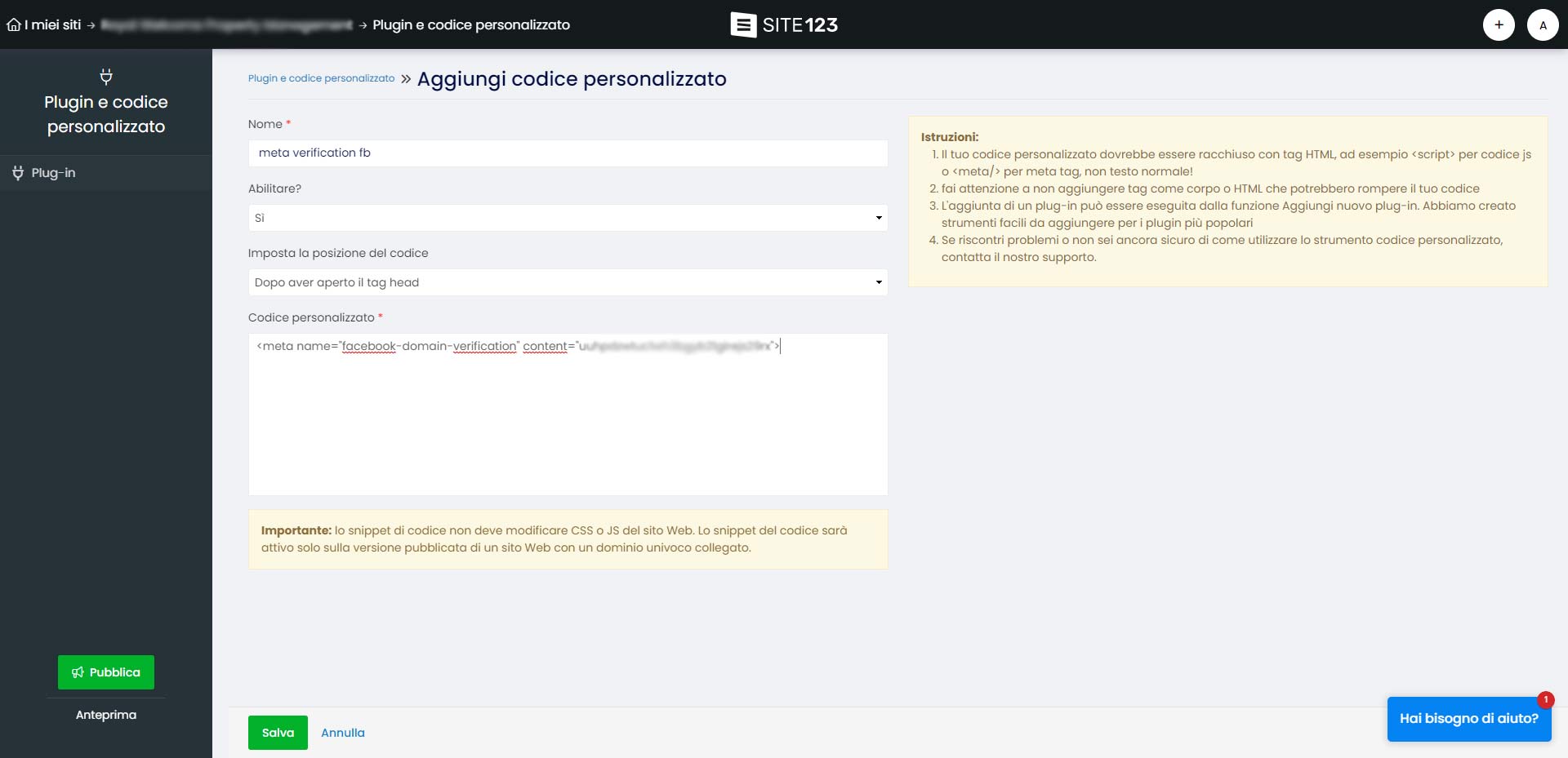 Verifica Del Dominio Per Facebook Per Site123