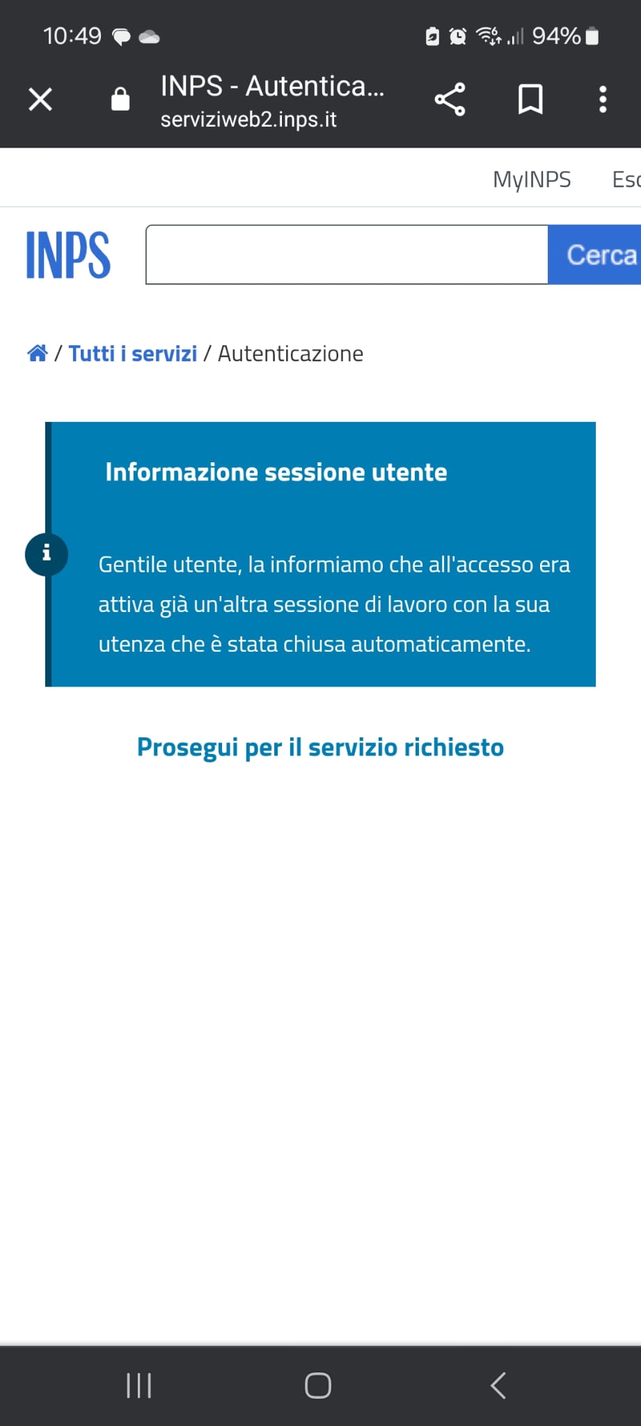 Messaggio crptico sul sito dell'INPS